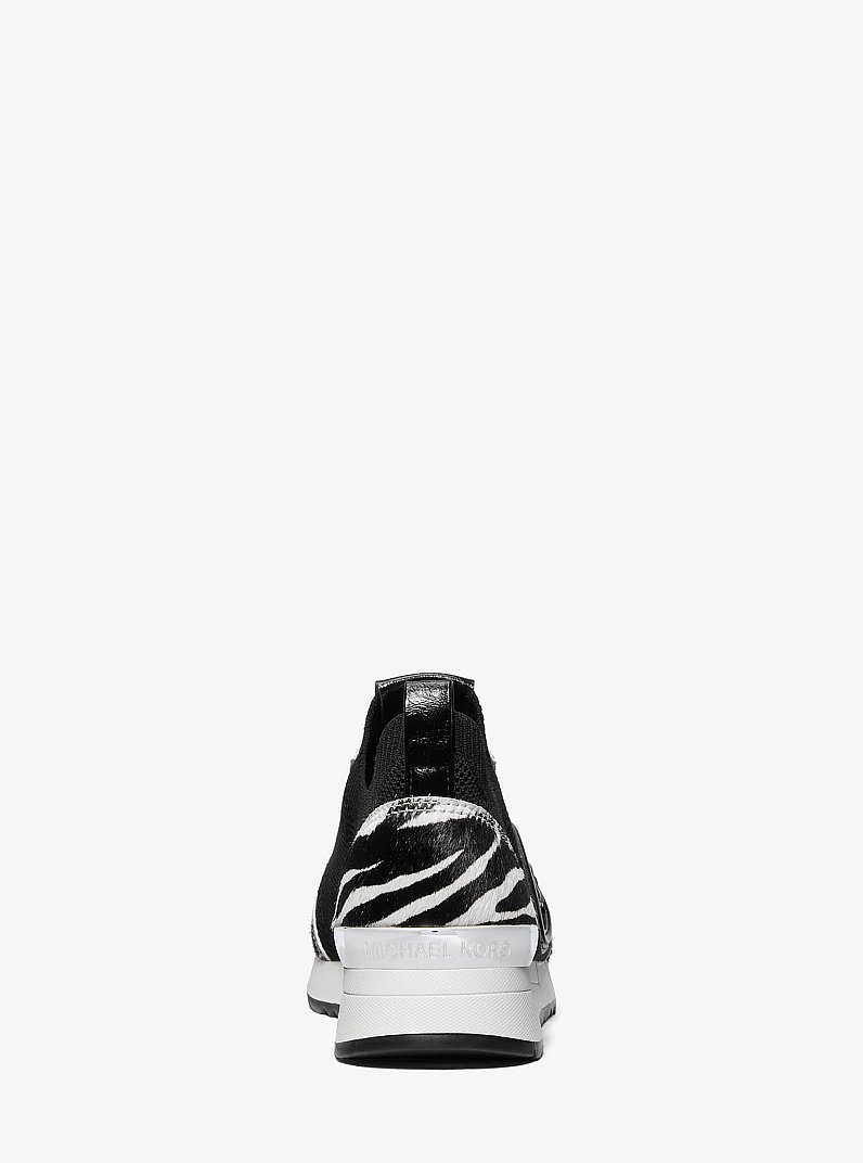 Jenkins Stretch Knit and Faux Zebra Print Calf Hair Trainer in BLACK/WHITE | Michael Kors