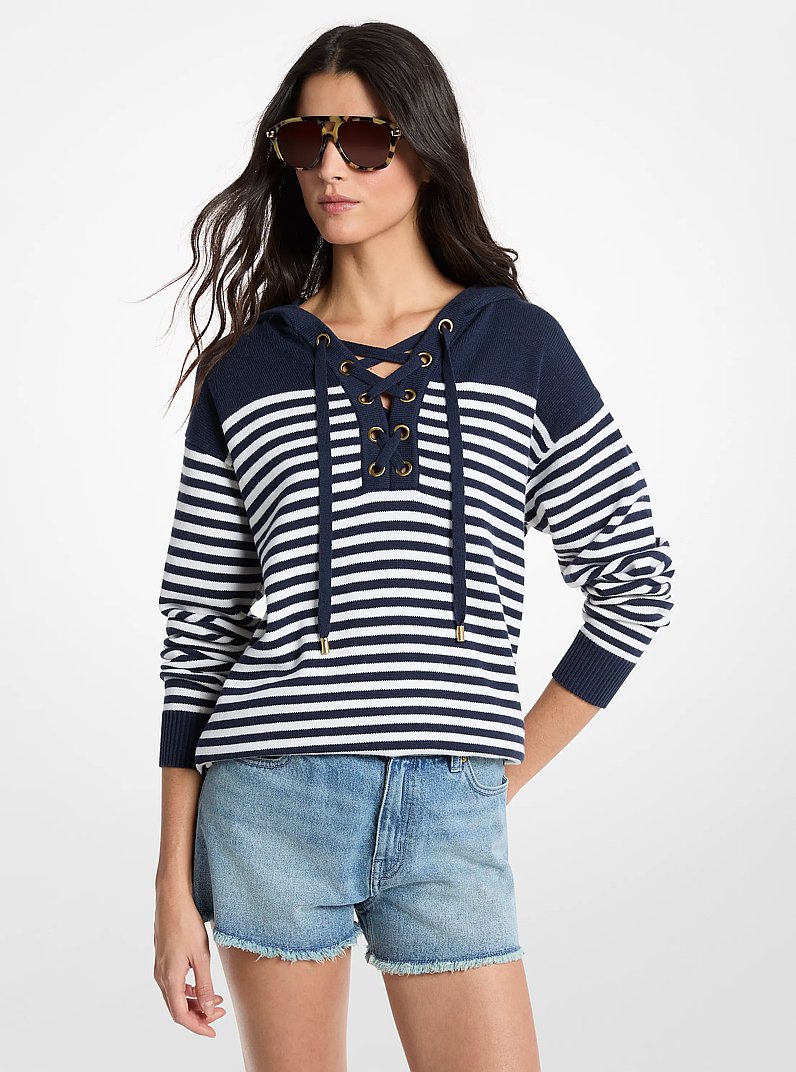 Striped Wool Lace-Up Hoodie in MIDNIGHTBLUE | Michael Kors