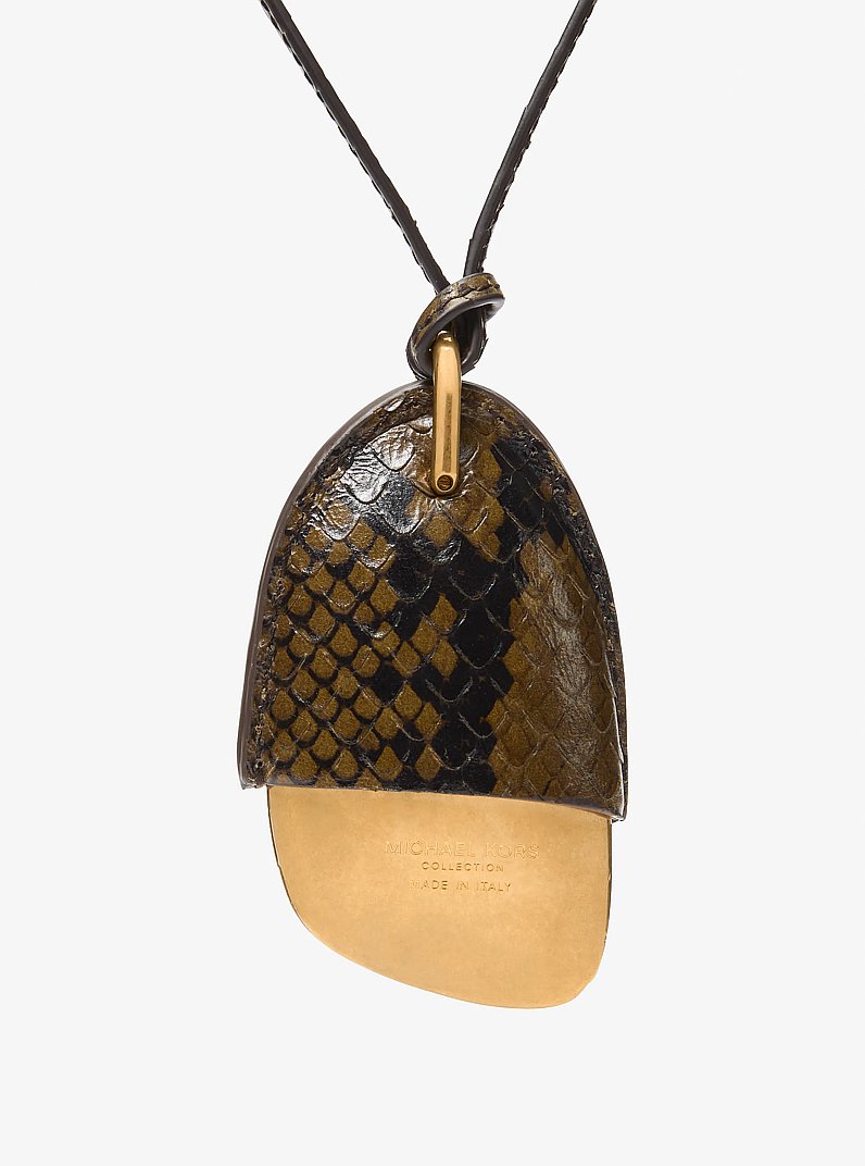 Brushed Brass and Snake Embossed Leather Wrapped Pendant Necklace in FENNEL | Michael Kors
