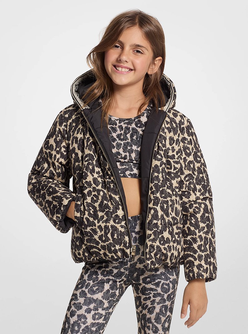 Reversible Leopard Logo Puffer Jacket in CAMEL/BLACK | Michael Kors