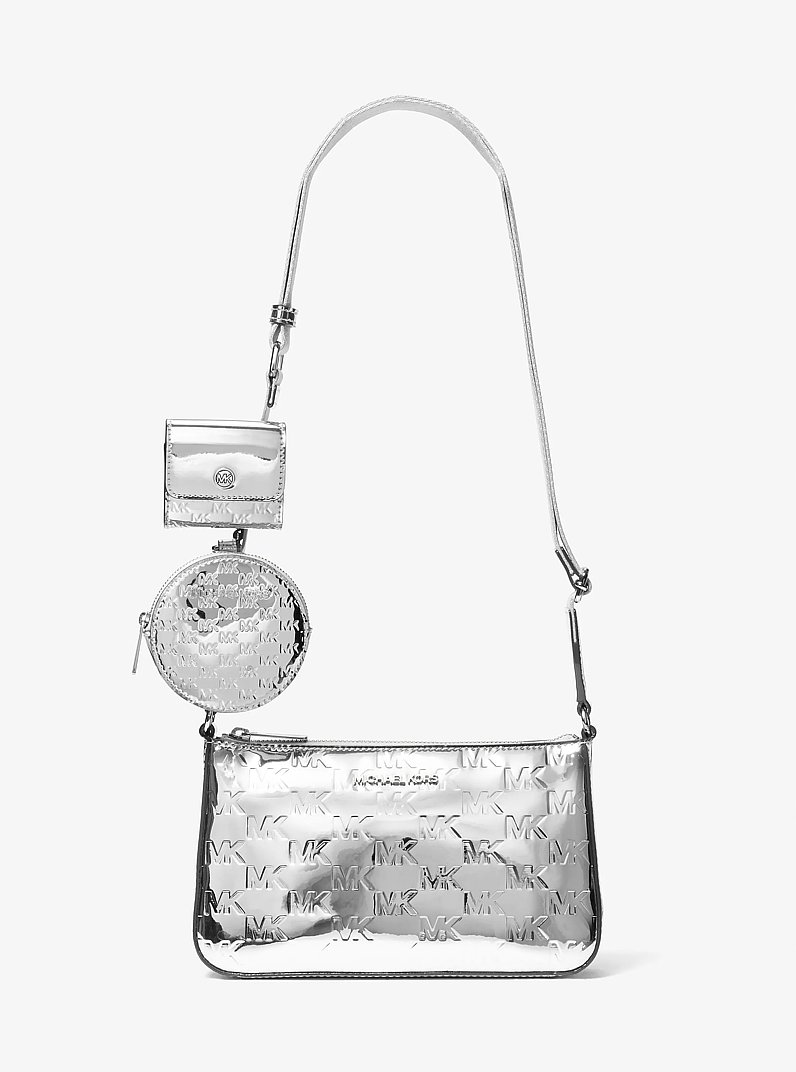 Jet Set Small Patent Logo Debossed Crossbody Bag with Case for Apple Airpods Pro&reg; in SILVER | Michael Kors
