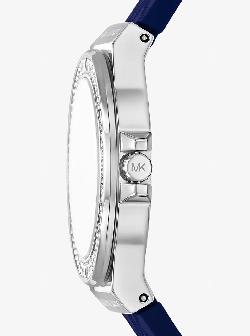 Lennox Pav&eacute; Silver-Tone and Logo Silicone Strap Watch in NAVY | Michael Kors