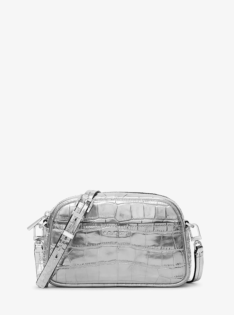 Jet Set Small Metallic Crocodile Embossed Leather Camera Crossbody Bag in SILVER | Michael Kors