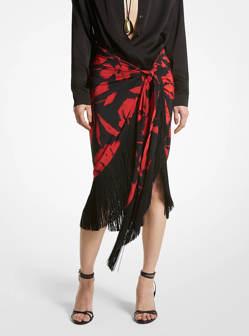 Gonna sarong in seta cr&ecirc;pe de chine con frange e motivo floreale effetto pennellata in PAPAVERO/NERO | Michael Kors