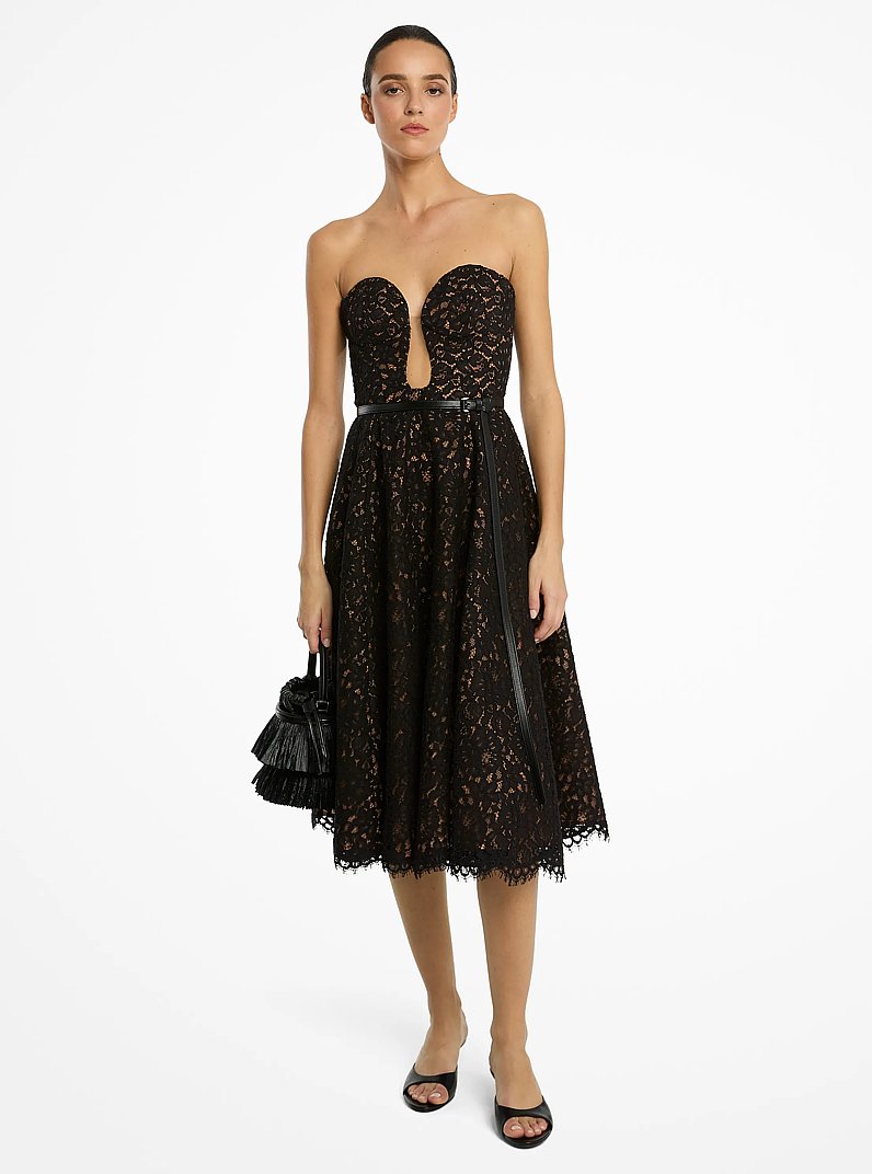 Corded Floral Lace Bustier Dress in BLACK | Michael Kors