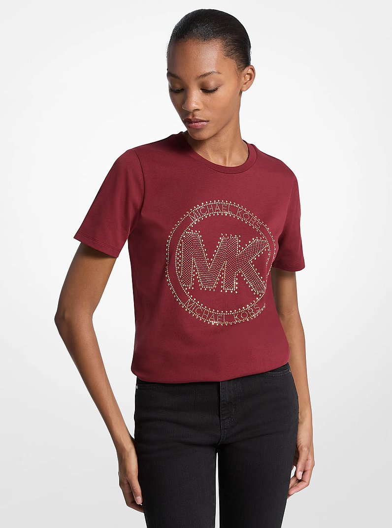 Studded Logo Charm Organic Cotton Jersey T-Shirt in CHERRY | Michael Kors