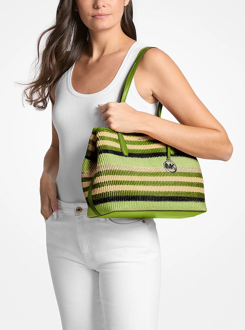 Avalon Medium Striped Woven Tote Bag in LIME | Michael Kors