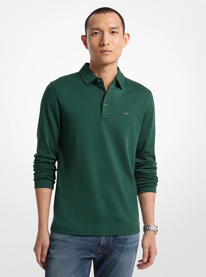 Cotton Long-Sleeve Polo Shirt in DARK EMERALD | Michael Kors