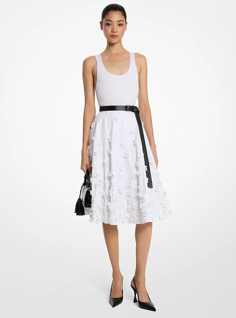 Hand-Embroidered Floral Crushed Cotton Gabardine Circle Skirt in OPTIC WHITE | Michael Kors
