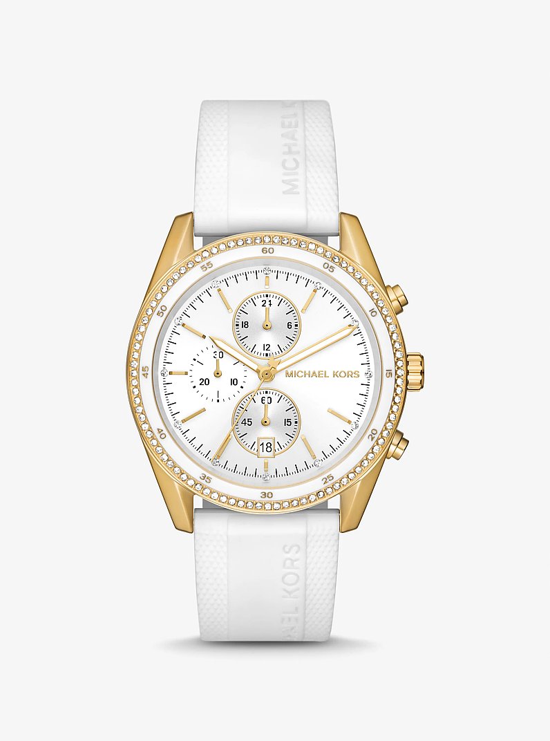 Oversized Hadyn Pav&eacute; Gold-Tone Watch in OPTIC WHITE | Michael Kors