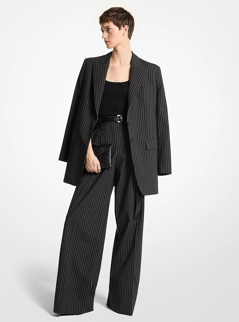 Pinstripe Stretch Wool Boyfriend Blazer in BLACK/WHITE | Michael Kors