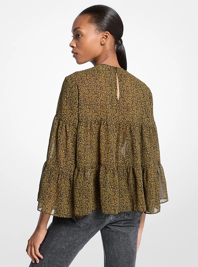 Paisley Print Georgette Tiered Blouse in PISTACHIO | Michael Kors