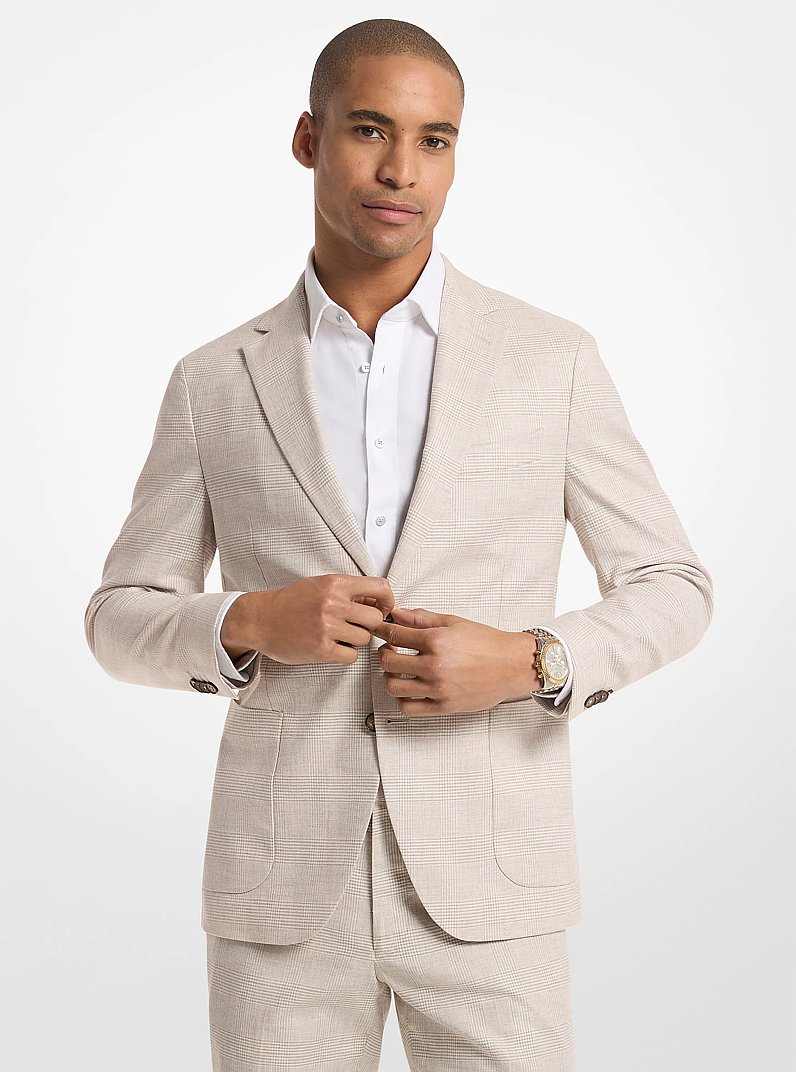 Checkered Stretch Cotton and Linen Blend Blazer in BEIGE | Michael Kors