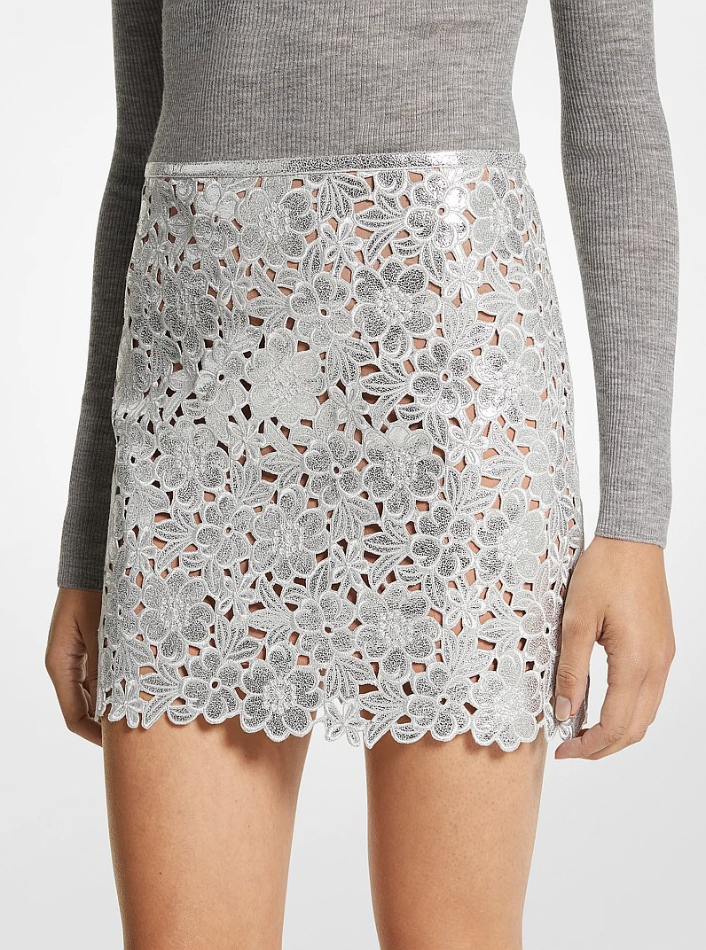 Floral Metallic Suede Mini Skirt in SILVER | Michael Kors