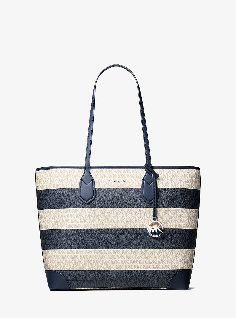 Eva Large Striped Signature Logo Tote Bag in NAVY | Michael Kors