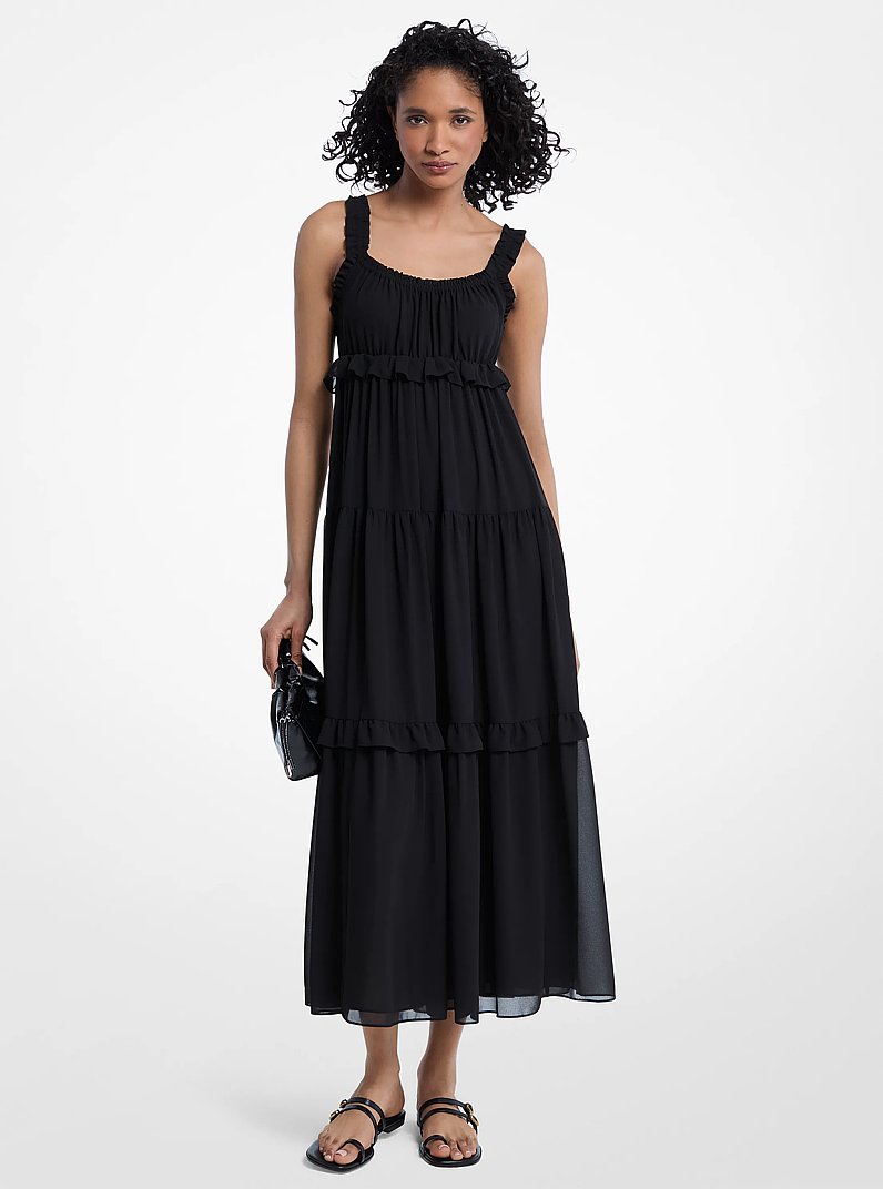 Ruffled Georgette Maxi Dress in BLACK | Michael Kors