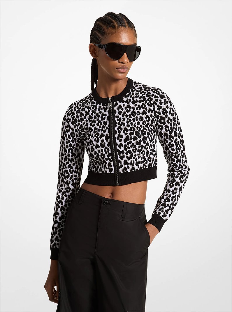Leopard Jacquard Knit Zip Cardigan in ALUMINUM | Michael Kors