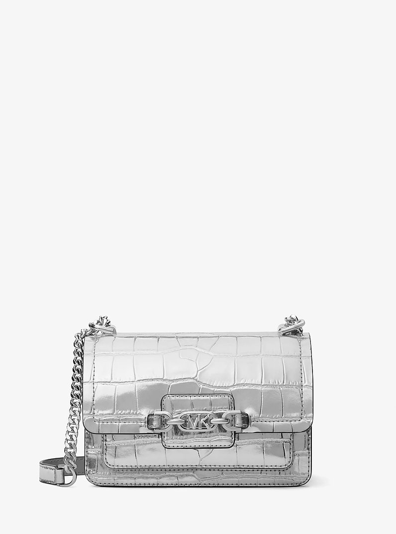 Heather Extra-Small Metallic Crocodile Embossed Leather Crossbody Bag in SILVER | Michael Kors