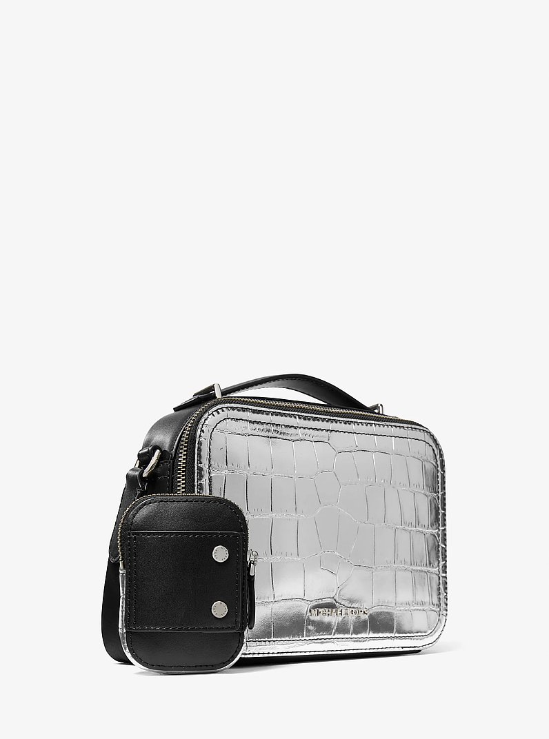 Hudson Metallic Crocodile Embossed Leather Crossbody Bag in SILVER | Michael Kors