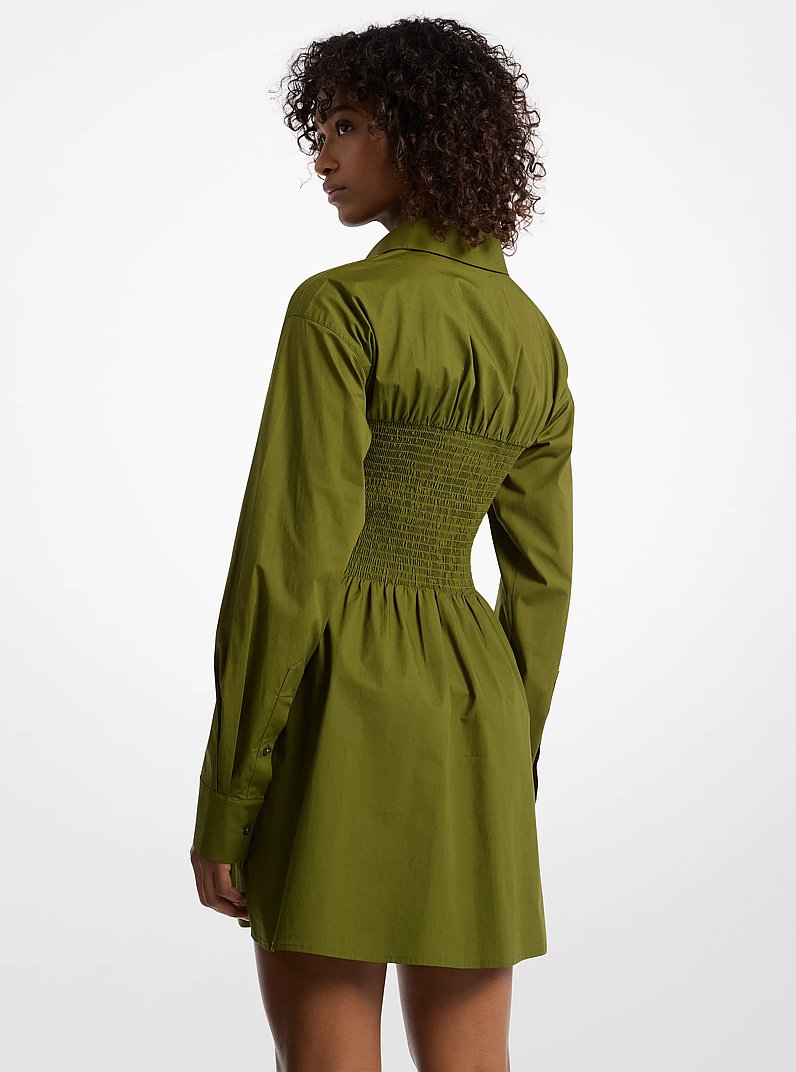 Vestido camisero fruncido de popelina de algod&oacute;n el&aacute;stica in VERDE &Aacute;RBOL | Michael Kors