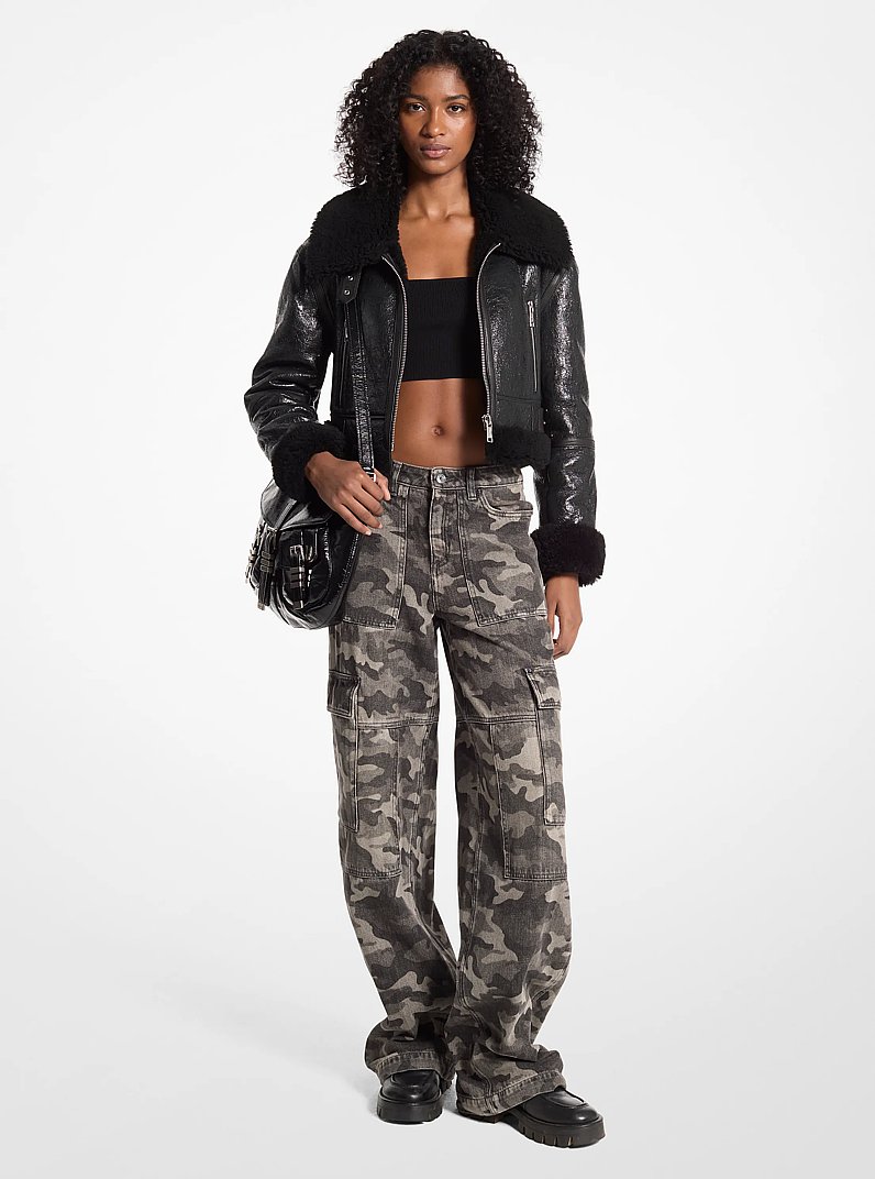 Camouflage Denim Wide-Leg Cargo Pants in CHARCOAL | Michael Kors