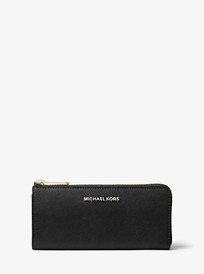 Jet Set Travel Large Saffiano Leather Quarter-Zip Wallet in BLACK | Michael Kors