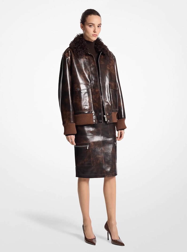 Burnished Leather and Shearling Bomber Jacket in CHOCOLATE - Sale