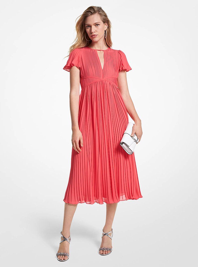 Pleated Georgette Midi Dress in GERANIUM | Michael Kors