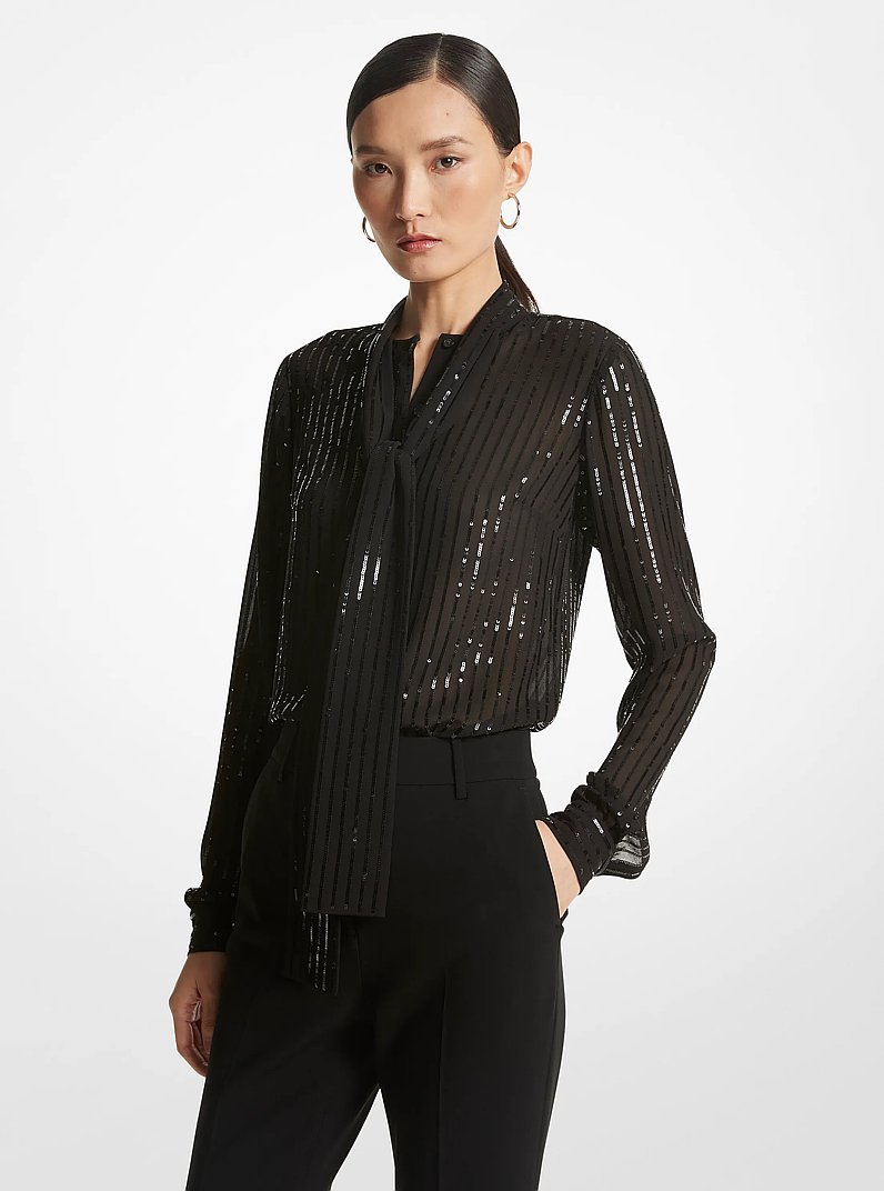 Pinstripe Sequined Georgette Tie-Neck Blouse in BLACK | Michael Kors