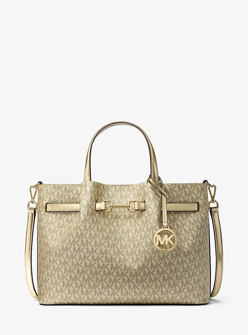 Carson Medium Metallic Signature Logo Satchel in PALE GOLD | Michael Kors