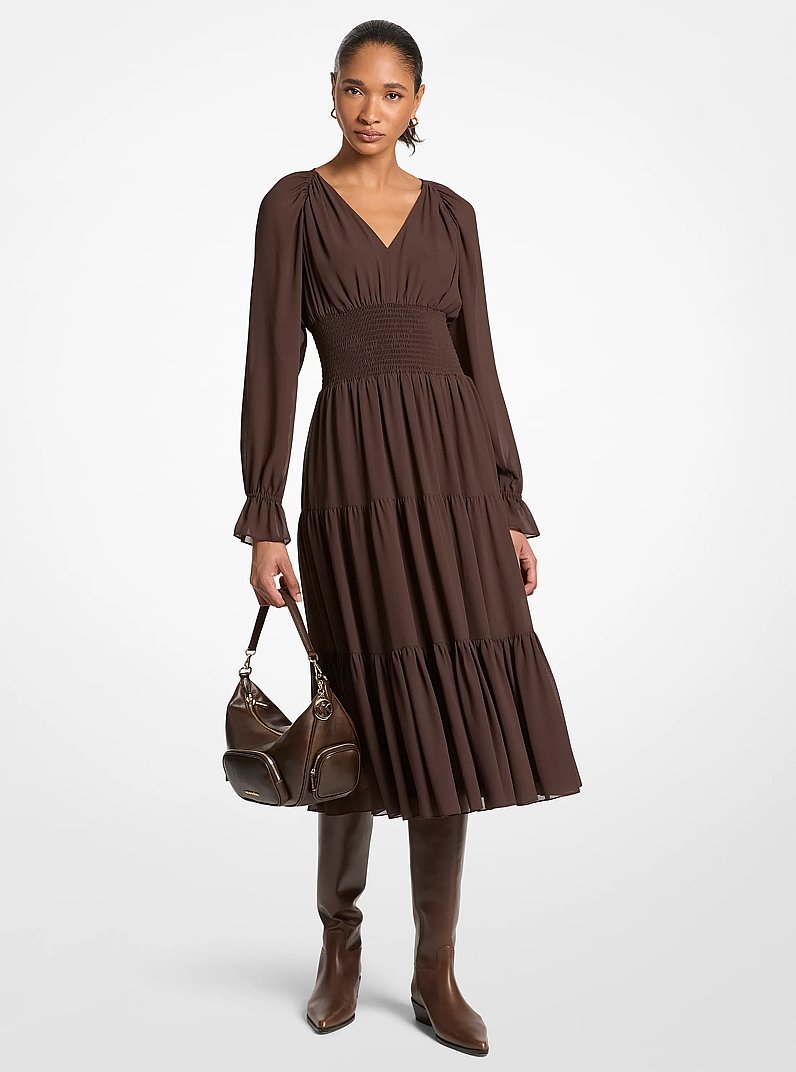 Smocked Georgette Midi Dress in CHOCOLATE | Michael Kors