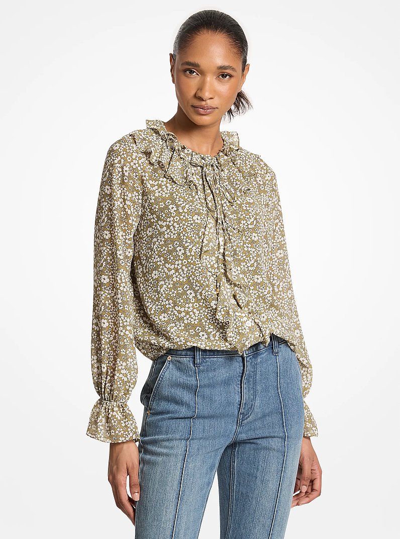 Blouse &agrave; volants en georgette &agrave; imprim&eacute; floral in OREGANO | Michael Kors