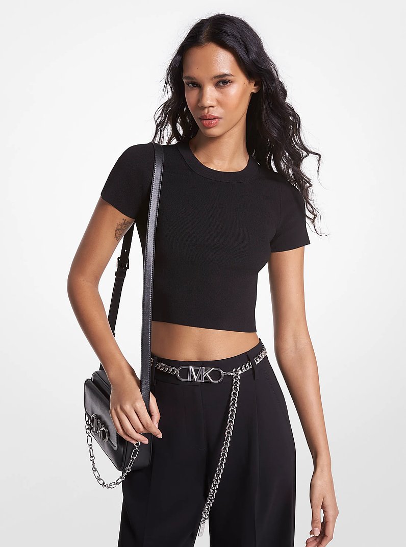 Ribbed Stretch Viscose Cropped T-Shirt in BLACK | Michael Kors