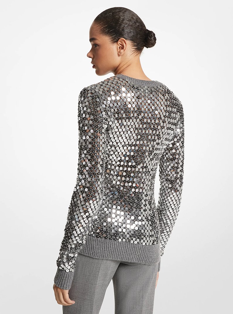 Embellished Crocheted Cashmere Blend Sweater in BANKER GREY | Michael Kors