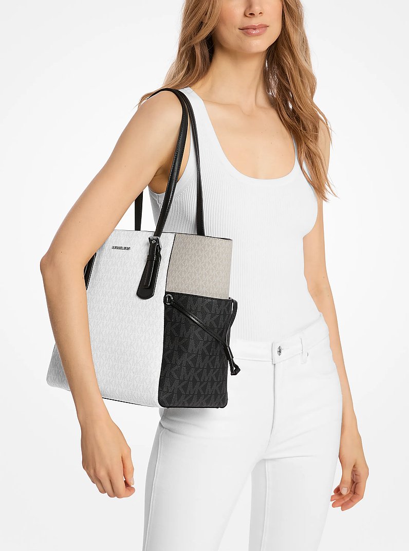 Bolso tote Voyager grande de bloques de color con logotipo de la marca in BLANCO INTENSO MULTICOLOR | Michael Kors