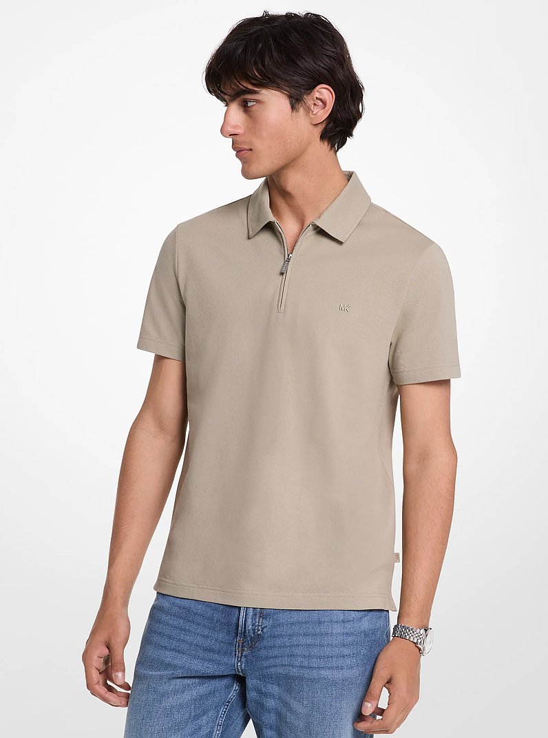 Cotton Blend Piqu&eacute; Zip-Up Polo Shirt in DUSTY SAGE | Michael Kors