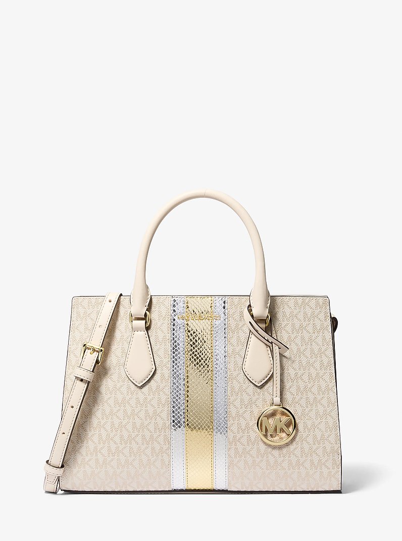 Sheila Medium Signature Logo and Metallic Satchel in PALE GOLD | Michael Kors
