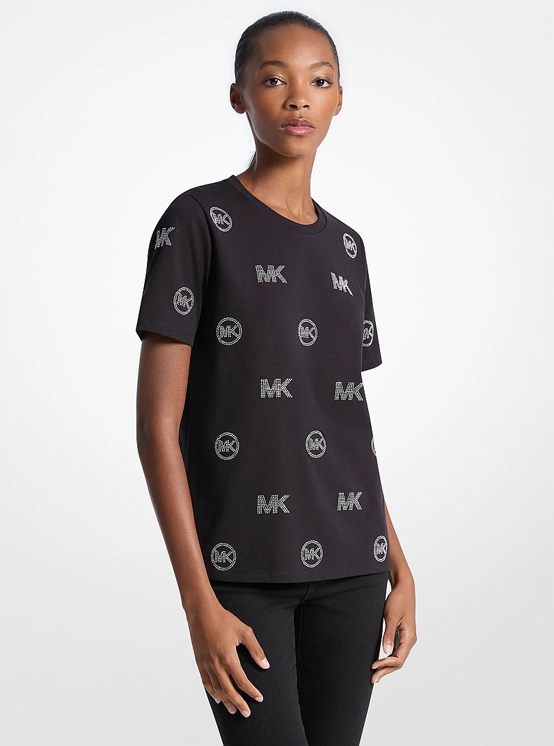 Embellished Logo Cotton T-Shirt in BLACK | Michael Kors