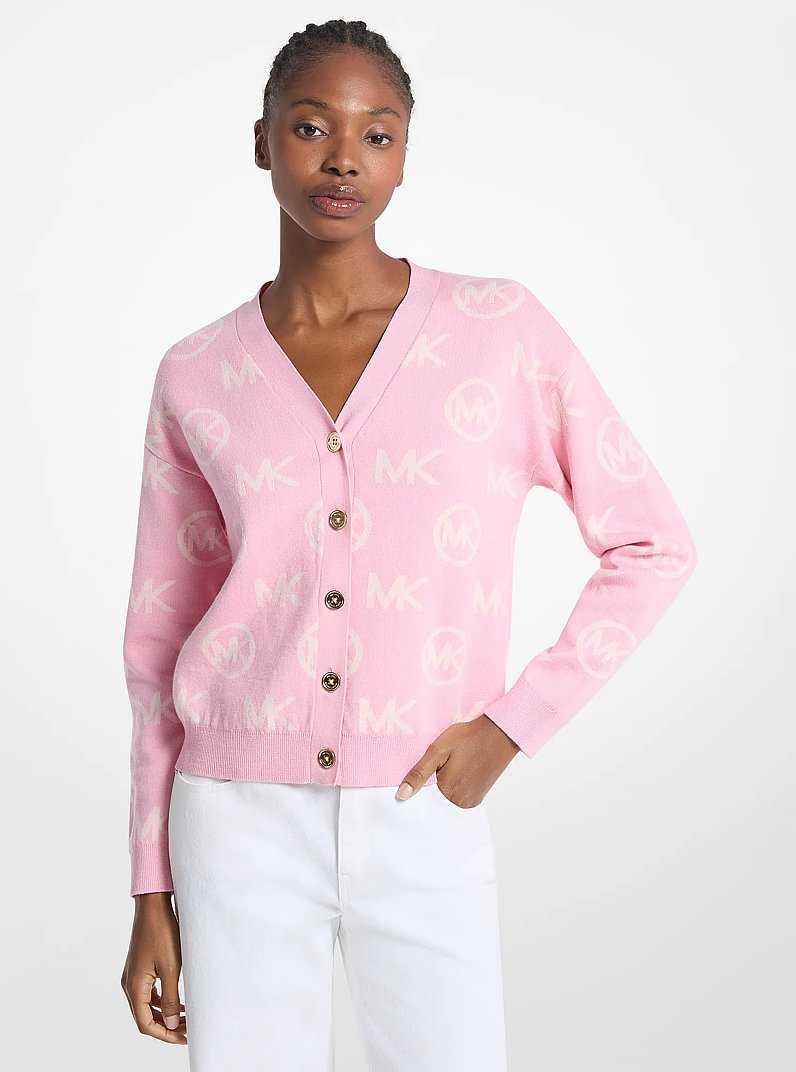 Logo Jacquard Cotton Blend Cardigan in CARNATION | Michael Kors
