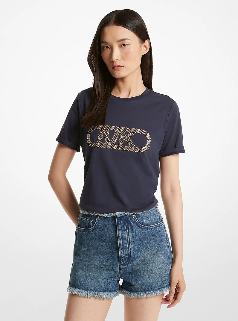 Grommeted Empire Logo Organic Cotton T-Shirt in MIDNIGHTBLUE | Michael Kors