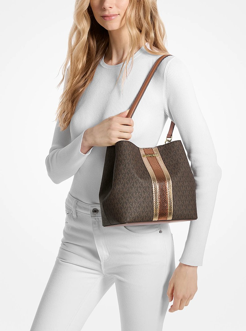 Pratt Medium Signature Logo and Metallic Shoulder Bag in BROWN | Michael Kors