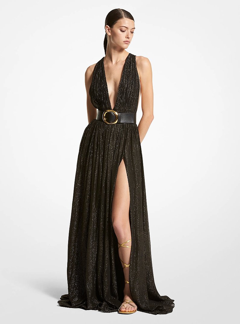 Hutton Metallic Striped Lam&eacute; Chiffon Gown