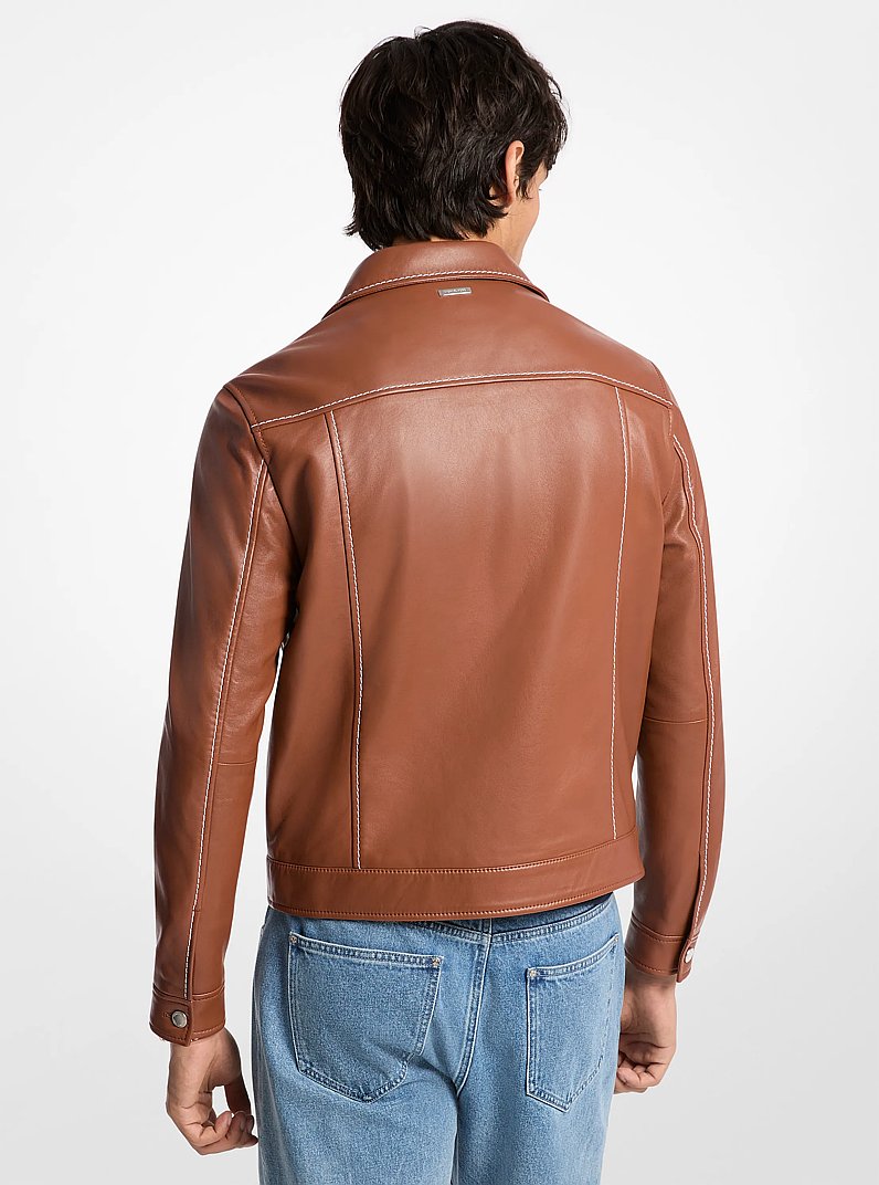 Topstitched Leather Trucker Jacket in LUGGAGE | Michael Kors