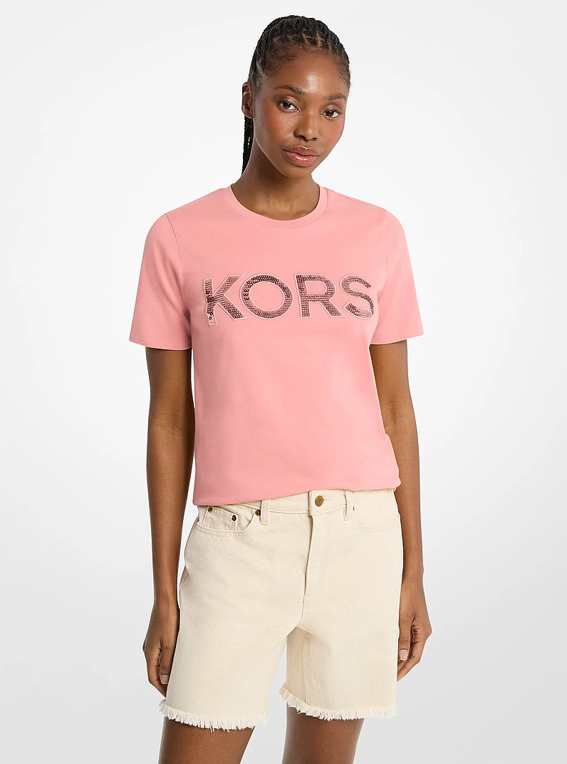 Sequined Logo Cotton T-Shirt in SUNSET ROSE | Michael Kors