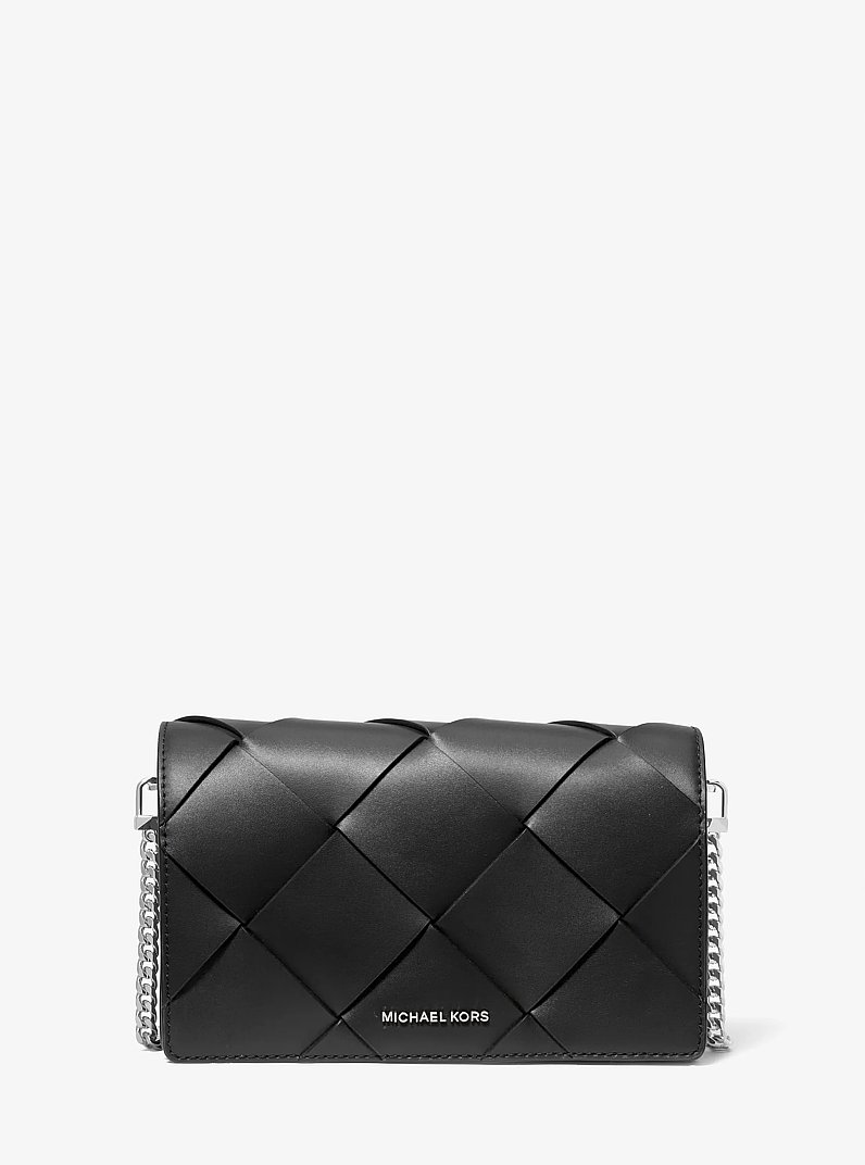 Jet Set Medium Woven Leather Crossbody Bag in BLACK | Michael Kors