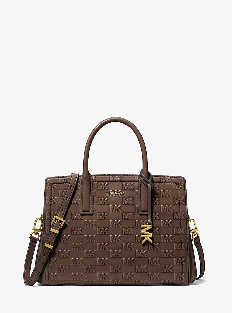 Laila Medium Logo Embossed Burnished Leather Satchel in CHOCOLATE | Michael Kors