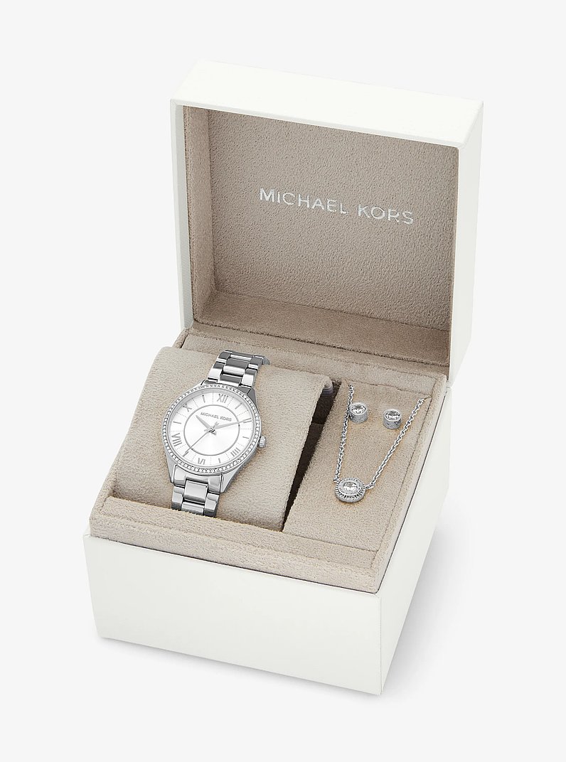 Mini Lauryn Silver-Tone Watch and Jewelry Gift Set in SILVER | Michael Kors
