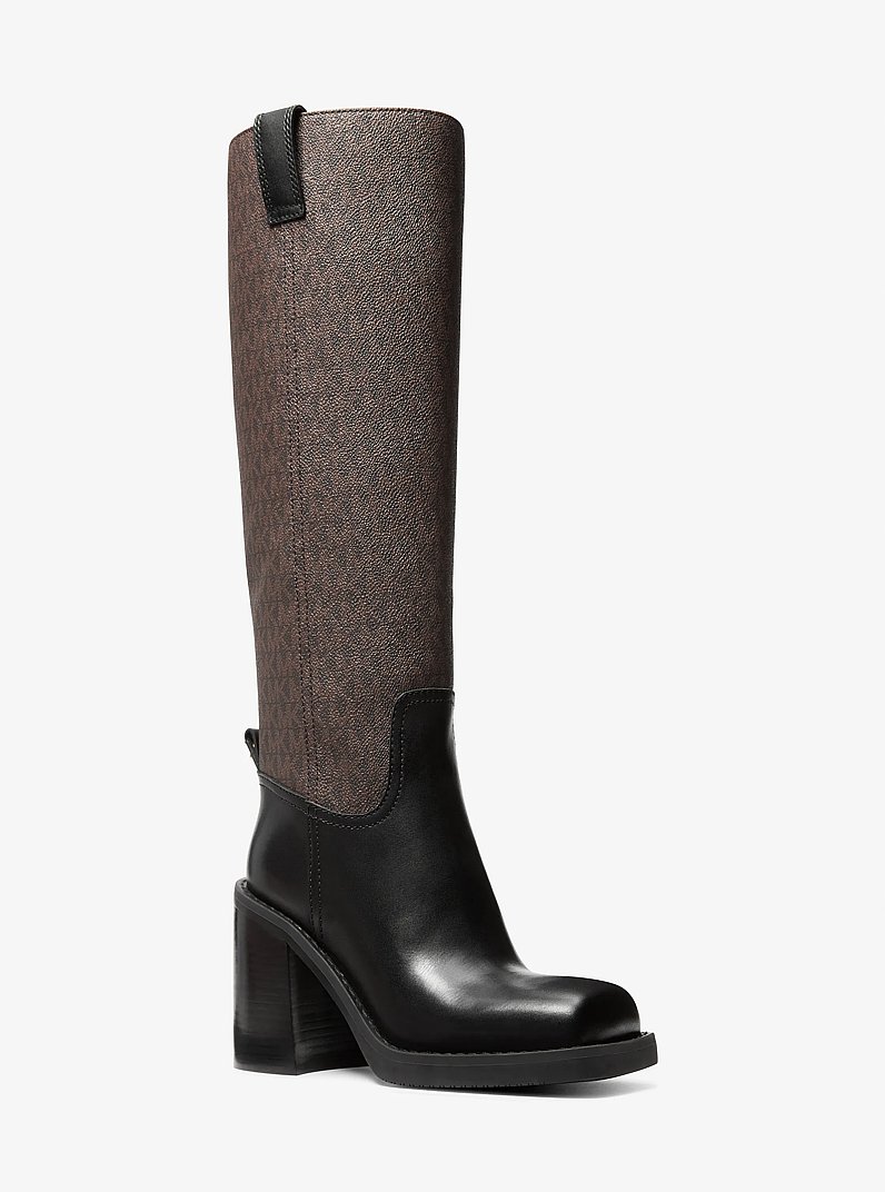 Houston Signature Logo and Leather Block Heel Boot in BROWN/BLK | Michael Kors