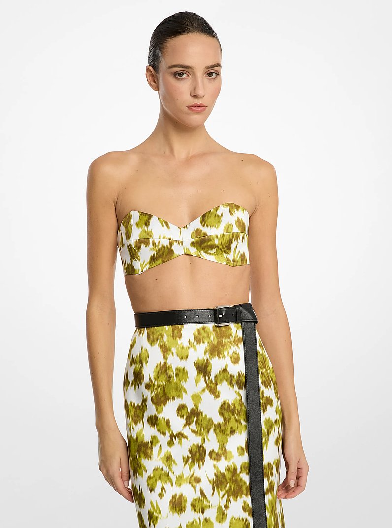 Floral Chin&eacute; Satin Duchesse Bandeau Top in MOSS/OPTIC WHITE | Michael Kors