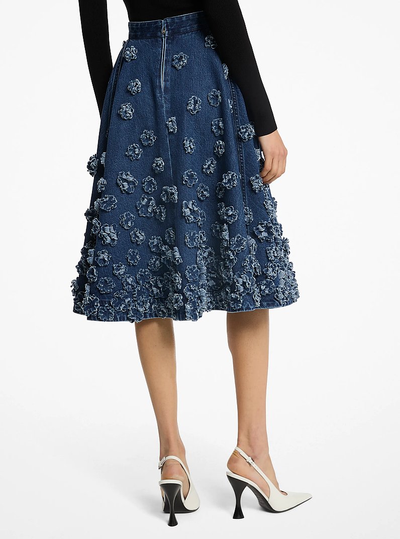 Hand-Embroidered Floral Denim Circle Skirt in LIGHT INDIGO | Michael Kors
